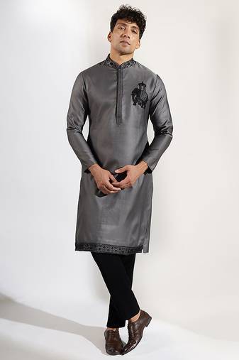 Grey embroidered cotton silk kurta pajama