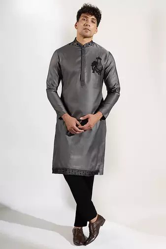 Grey embroidered cotton silk kurta pajama