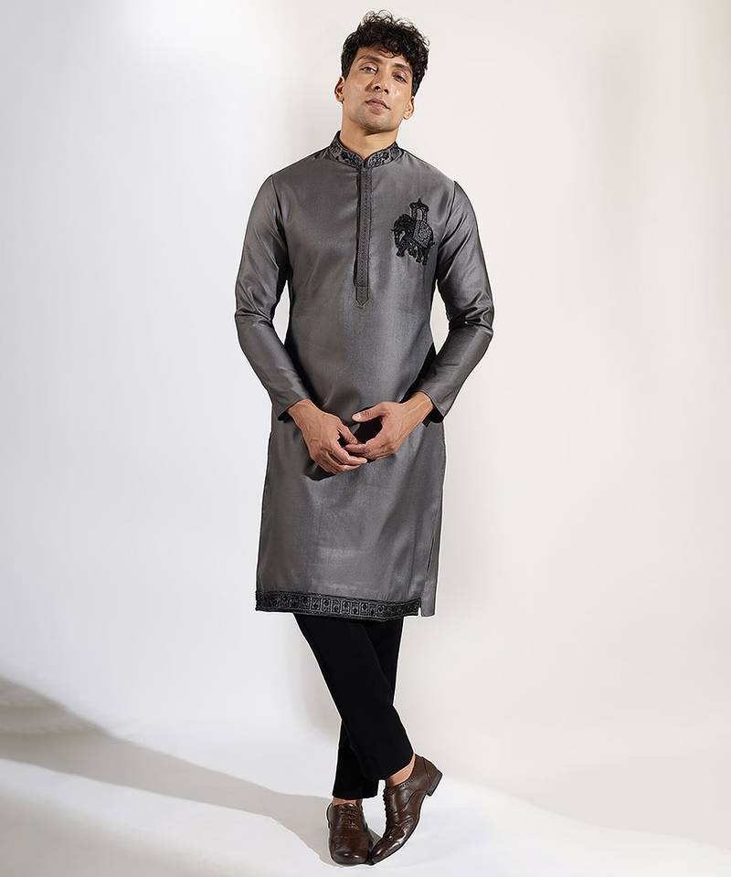 Grey embroidered cotton silk kurta pajama