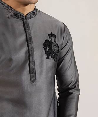 Grey embroidered cotton silk kurta pajama 2