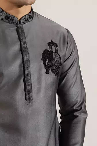 Grey embroidered cotton silk kurta pajama