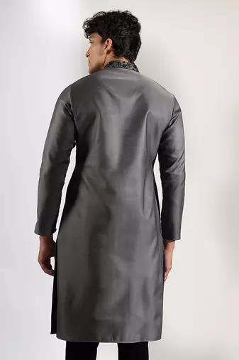 Grey embroidered cotton silk kurta pajama