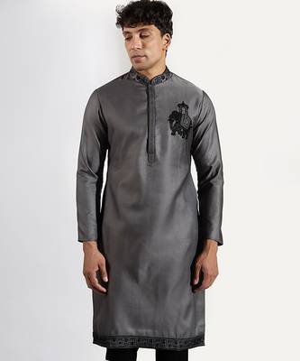 Grey embroidered cotton silk kurta pajama 4