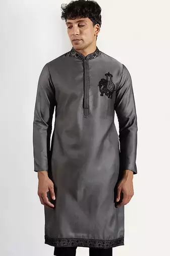 Grey embroidered cotton silk kurta pajama