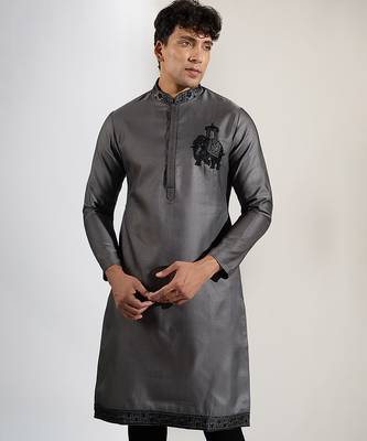 Grey embroidered cotton silk kurta pajama 5