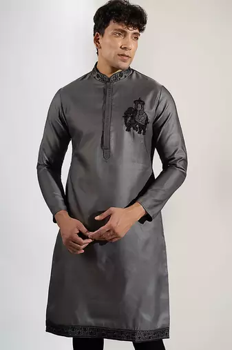 Grey embroidered cotton silk kurta pajama