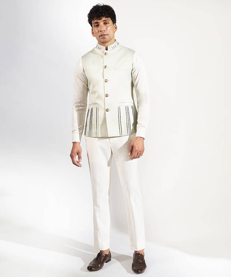 Green plain velvet nehru jacket