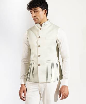 Green plain velvet nehru jacket 5