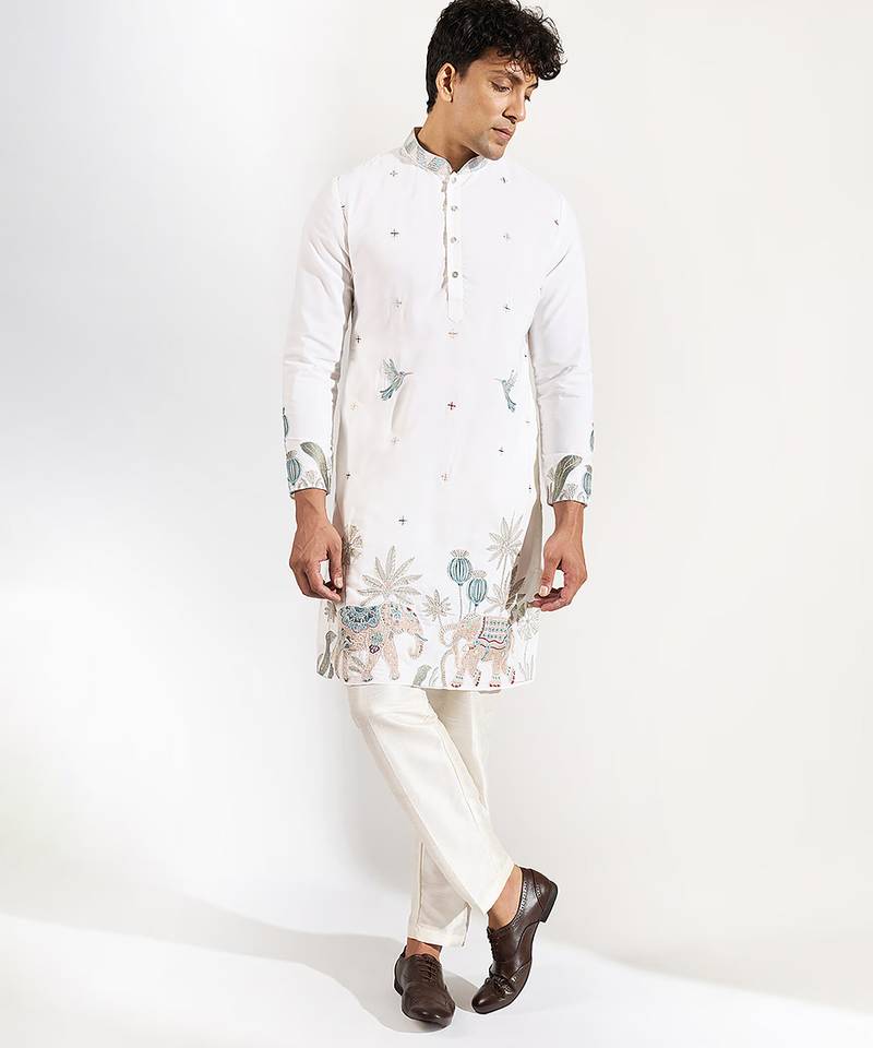 White embroidered crepe kurta pajama