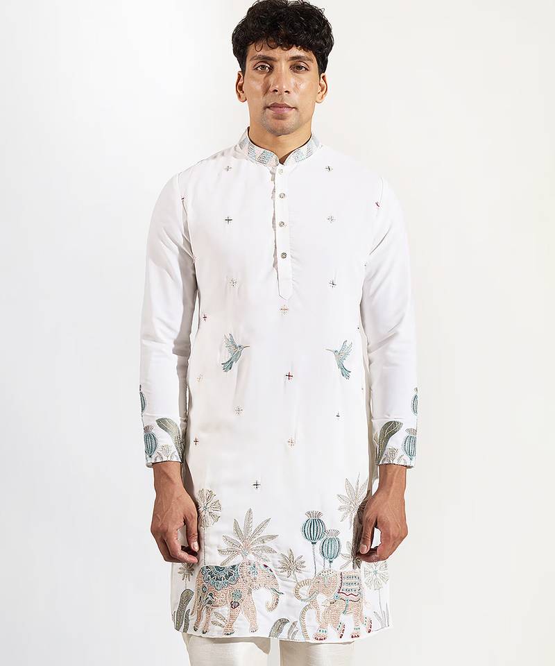 White embroidered crepe kurta pajama