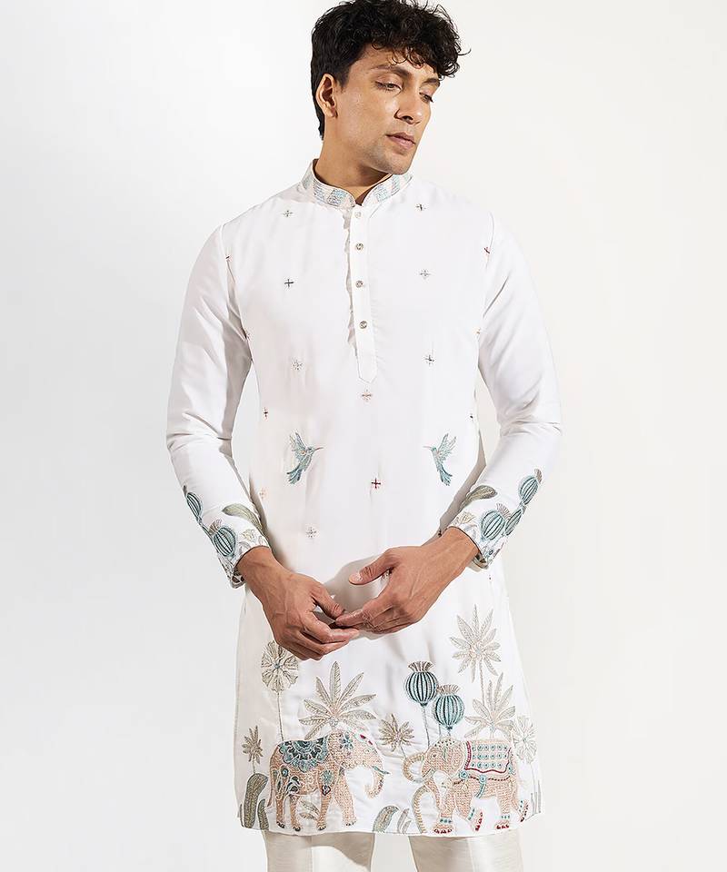 White embroidered crepe kurta pajama
