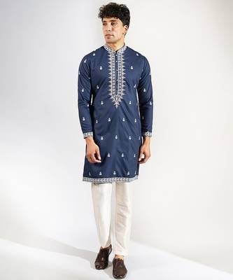 Blue embroidered cotton silk kurta pajama 1
