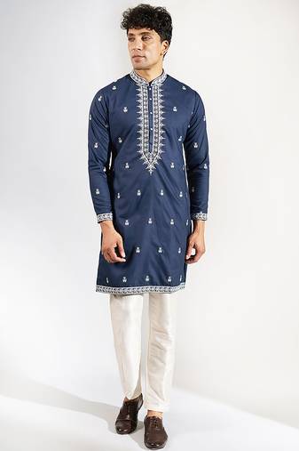 Blue embroidered cotton silk kurta pajama