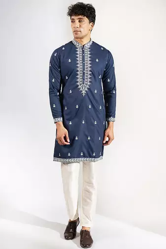 Blue embroidered cotton silk kurta pajama