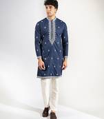 Blue embroidered cotton silk kurta pajama