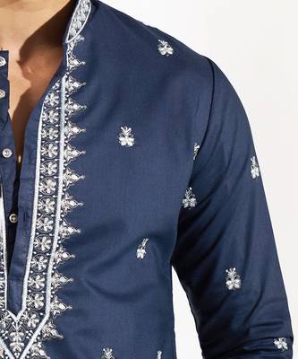 Blue embroidered cotton silk kurta pajama 2