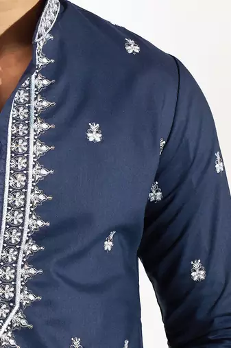 Blue embroidered cotton silk kurta pajama