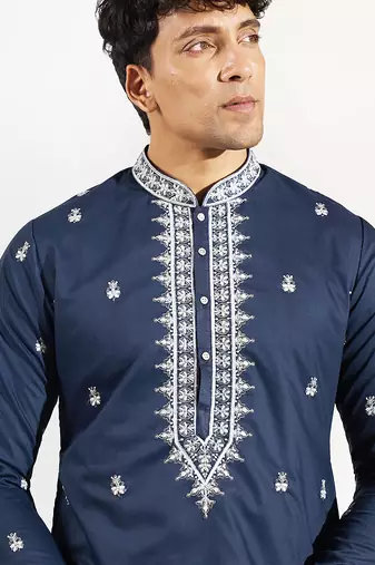 Blue embroidered cotton silk kurta pajama