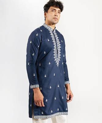Blue embroidered cotton silk kurta pajama 4