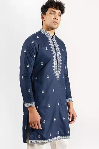 Blue embroidered cotton silk kurta pajama
