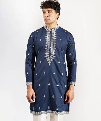 Blue embroidered cotton silk kurta pajama 5