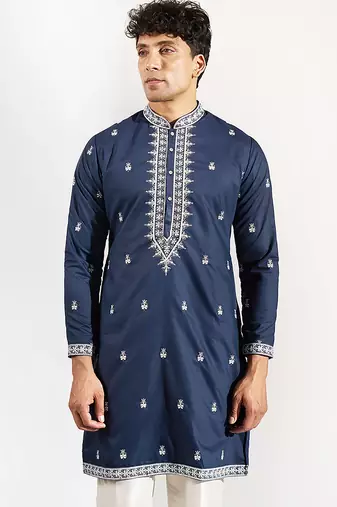 Blue embroidered cotton silk kurta pajama