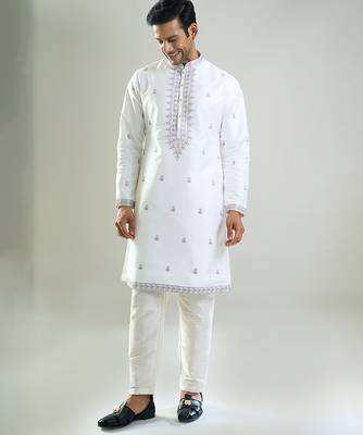 White embroidered cotton silk kurta pajama 1