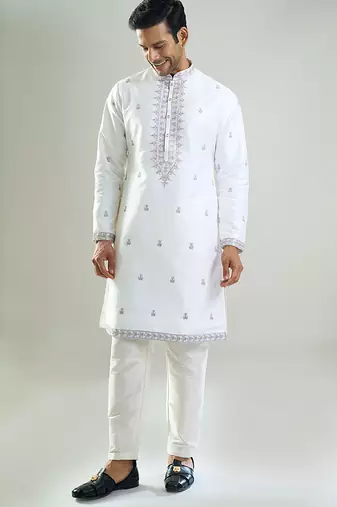 White embroidered cotton silk kurta pajama