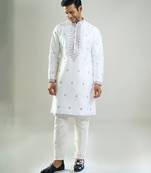 White embroidered cotton silk kurta pajama