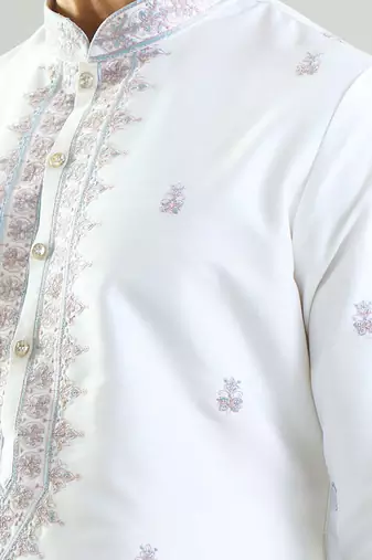 White embroidered cotton silk kurta pajama