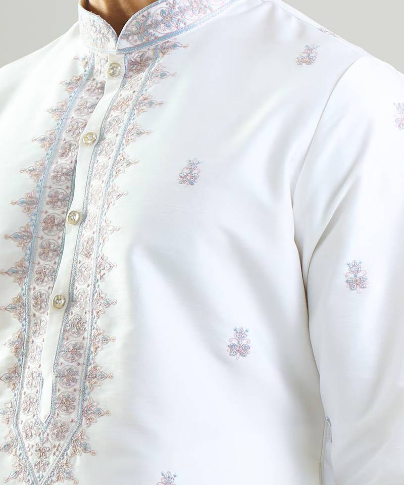 White embroidered cotton silk kurta pajama