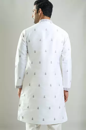 White embroidered cotton silk kurta pajama