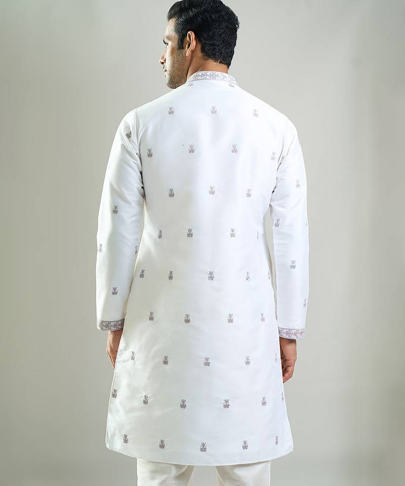 White embroidered cotton silk kurta pajama