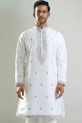 White embroidered cotton silk kurta pajama