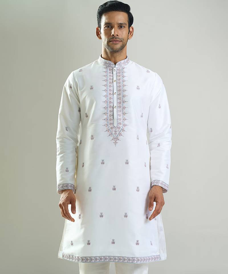 White embroidered cotton silk kurta pajama
