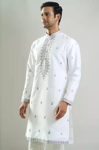 White embroidered cotton silk kurta pajama