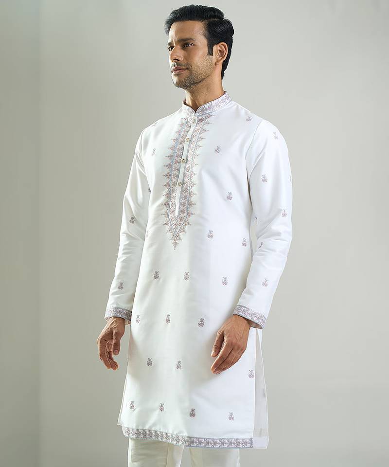 White embroidered cotton silk kurta pajama