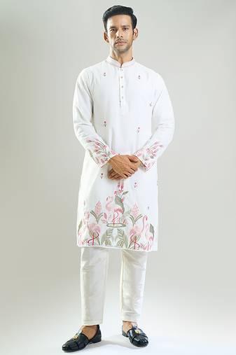 White embroidered crepe kurta pajama