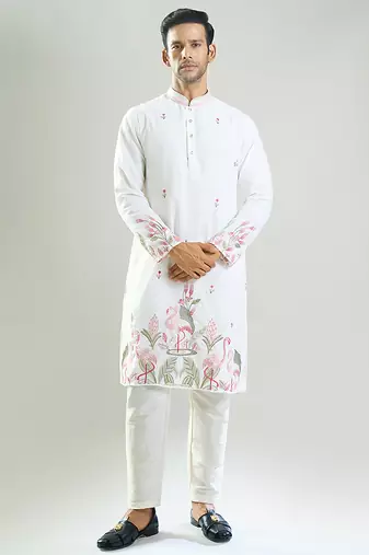 White embroidered crepe kurta pajama