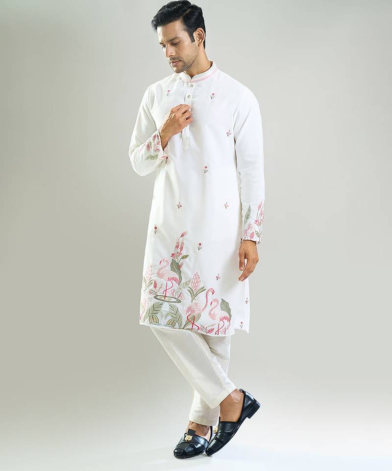 White embroidered crepe kurta pajama