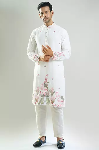 White embroidered crepe kurta pajama