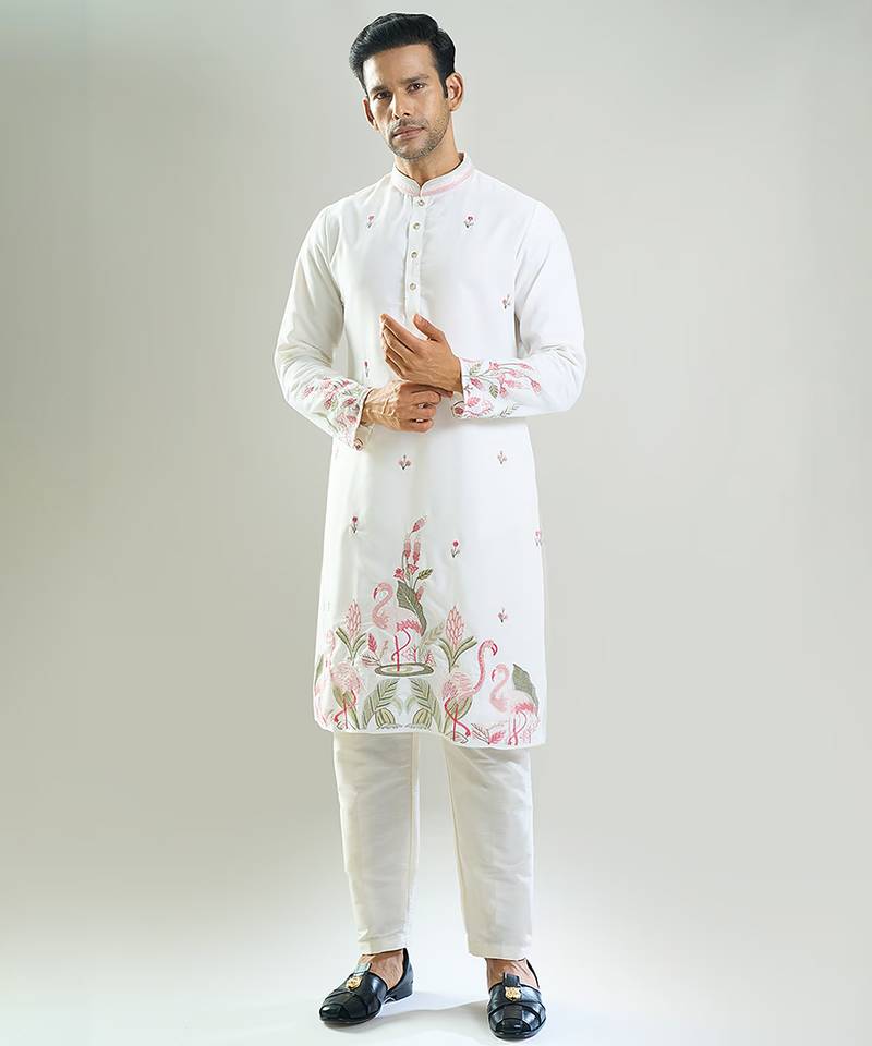 White embroidered crepe kurta pajama