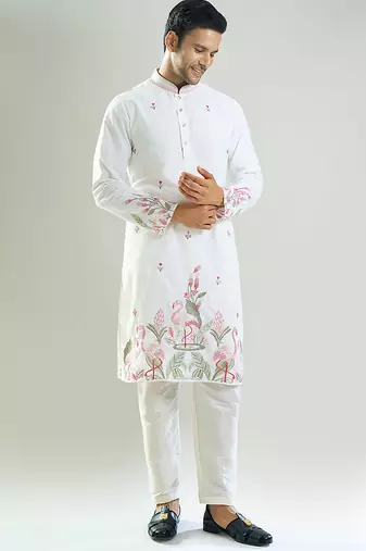 White embroidered crepe kurta pajama