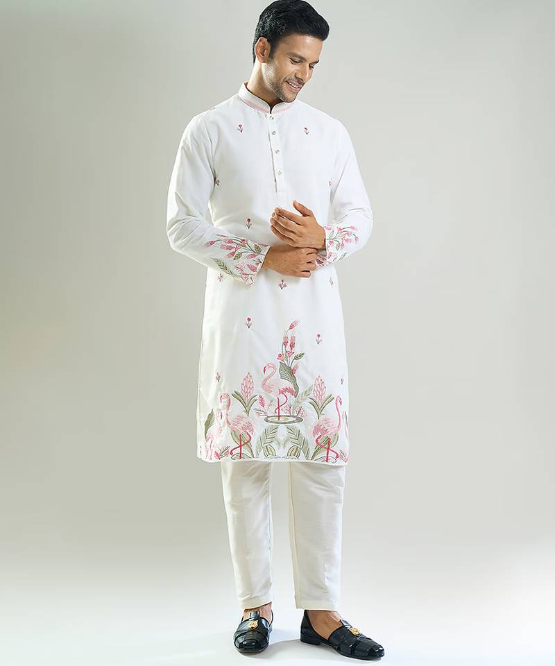 White embroidered crepe kurta pajama