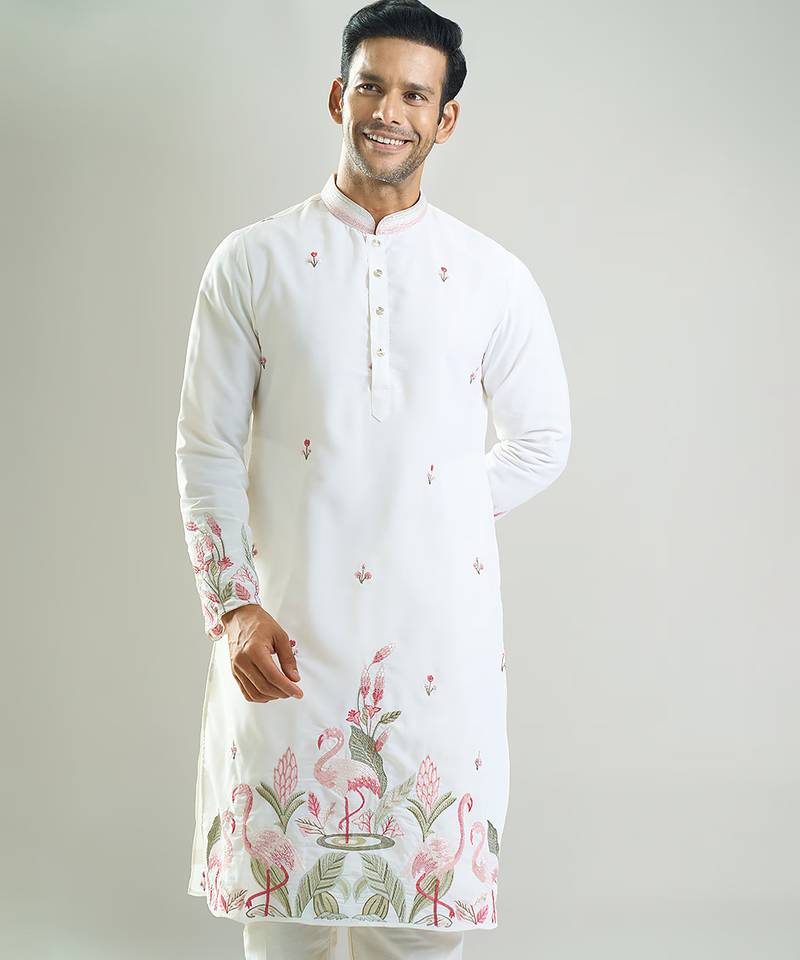 White embroidered crepe kurta pajama
