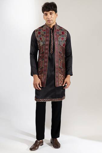 Black embroidered crepe nehru jacket set