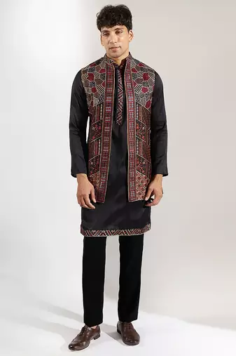 Black embroidered crepe nehru jacket set