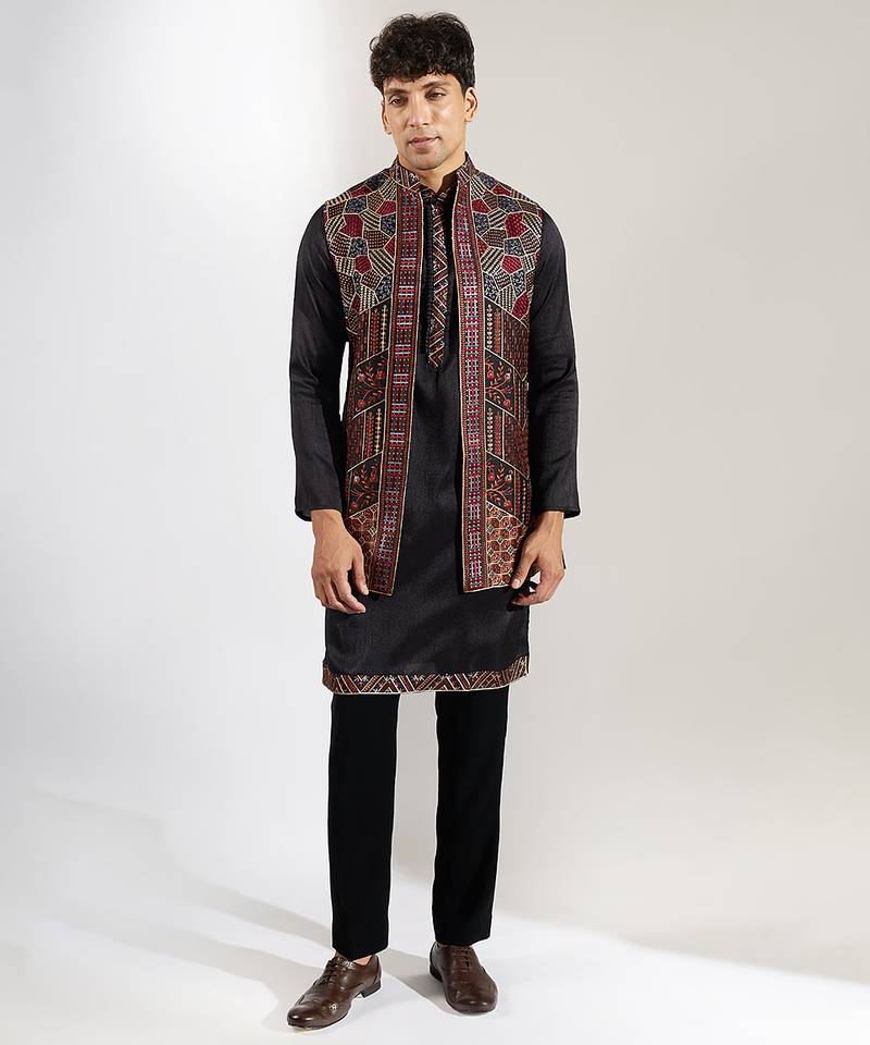 Black embroidered crepe nehru jacket set