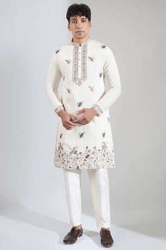 White embroidered cotton kurta pajama
