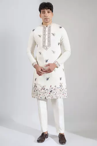 White embroidered cotton kurta pajama